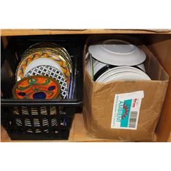 BASKET OF PLATES AND BOX OF PLATES