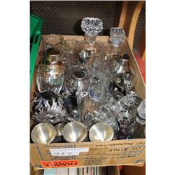 LOT OF BAR GLASSES AND SHAKERS AND DECANTERS