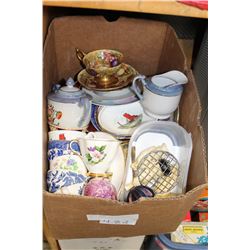 BOX OF CHINA CUPS AND SAUCERS ETC