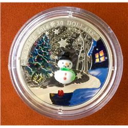 RCM Issue: 2014 20$  Fine Silver Canadian Holiday Scene-Venetian Glass Snowman, No Tax C.O.A & Box