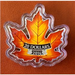 2016 Canada $20 Fine Silver - Colourful Maple Leaf Shaped, No Tax, C.O.A. Box &Sleeve