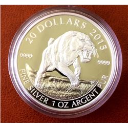 MRC: 2015 $20 Fine Silver Coin-Prehistoric Animals-American Scimitar Sabre-Tooth cat, 1 OZ C.O.A Box