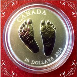 RCM: 2014 $10 Fine Silver, Born in 2014 baby Feet, C.O.A, Box & Sleeve. No Tax.