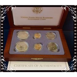 United State Mint:1991 Mount Rushmore Six Gold & Silver Coin Set In Wood Box contain 2 x 5$ gold .90