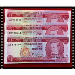 Banknote Central Bank of Barbados $1 unc lot of 3 consecutive notes. Pick 29a