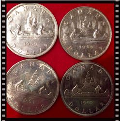 One Dollar Canada Lot of 4 Silver Coins 1959-1960-1961-1962