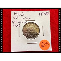 1953 Canada 5 Cents Sholder Fold Near Attached Leaf