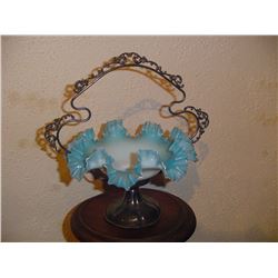 Large Victorian Blue Trimmed Ruffled Bowl