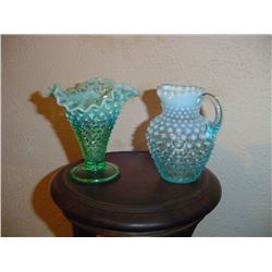 2 Blue Hobnail Opalescent Pieces Vase And Pitcher