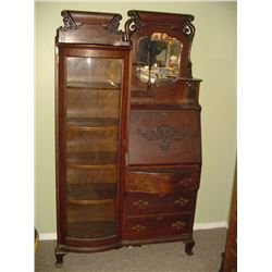 Early 1900'S 1/4 Cut Oak Curved Glass Bookcase Secretary