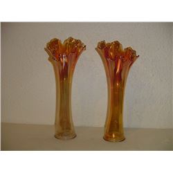 Pair Of Large 12 Inch Marigold Carnival Glass Vases