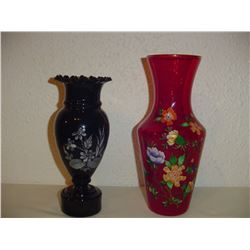 2 Hand Painted Vases Black Amethyst And Italian