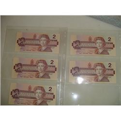 5 Consecutive Ser #'s Uncirculated Canadian 2 Dollar Bills