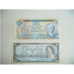 2 Canadian 5 Dollar Bills 1954 And 1987
