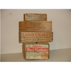 4 Wooden Advertising Cheese And Orange Boxes