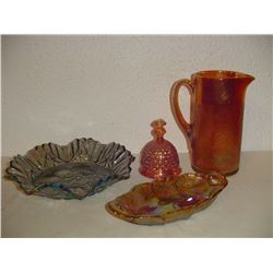 4 Different Pieces Carnival Glass Pitcher ,Bowls Etc.