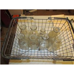 Wire Basket With 6 Assorted Milk Bottles - One Cracked