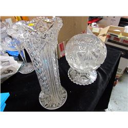 One Cut Glass Tall Vase, Footed Dish, & Round Vase