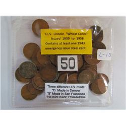 50 Pieces Collection of U.S. Lincoln "Wheat" Cents 1909 - 1953