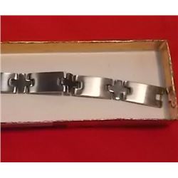 BRACELET - NEW STAINLESS STEEL - 2 TONE WITH CROSS DESIGN - RETAIL ESTIMATE $125