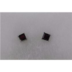 EARRINGS - PRINCESS FACETED GARNET IN STERLING SILVER STUD DESIGNED SETTING - POST & BUTTERFLY BACKS