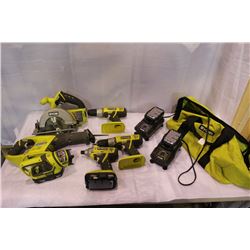 RYOBI 18V LITHIUM SIX PIECE CORDLESS TOOL SET WITH 4 BATTERIES, 2 CHARGERS, AND BAG