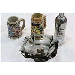 BEER STEINS BOTTLE AND ASHTRAY