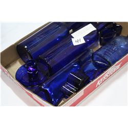 LOT OF VINTAGE BLUE GLASS BOTTLES DISHES AND CANDLESTICK