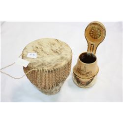 ANIMAL HIDE DRUM AND WOOD CARVED MUG