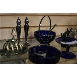 SILVER PLATE AND COBALT SERVING PIECES