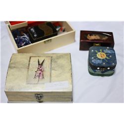 LOT OF FIVE JEWELLRY BOXES ALL WITH CONTENTS ONE IS MUSICAL