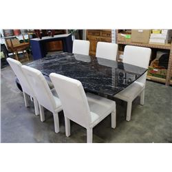 HALF INCH BLACK 2-PIECE MARBLE TABLE AND SIX UPOLSTERED DINING CHAIRS