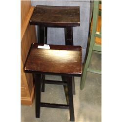 TWO WOOD SADDLE BAR STOOLS