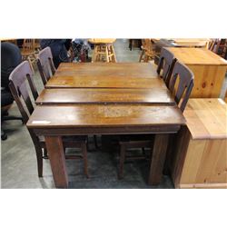 ANTIQUE OAK DINING TABLE WITH 3 LEAFS AND FOUR T-BACK LEATHER SEAT CHAIRS