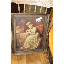 FRAMED PICTURE WOMEN WITH BOOK IN CANDLE LIGHT
