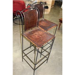 PAIR OF STITCHED BROWN LEATHER AND WROUGHT IRON BARSTOOLS