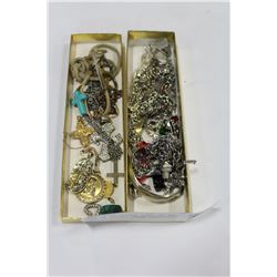 TRAY OF RELIGIOUS JEWELLRY AND TRAY OF SILVER CHARM BRACELETS ETC