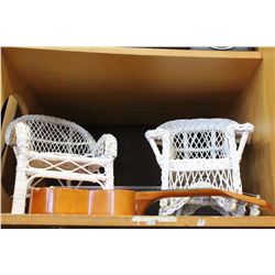 TWO WICKER DOLL CHAIRS AND UKELELE