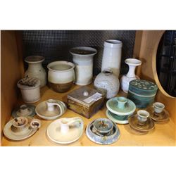 SHELF LOT OF POTTERY VASES DRESSER BOXES AND CANDLE HOLDERS