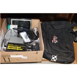 BOX OF WALKIE TALKIES FLASHLIGHTS BATTERY CHARGERS AND NASCAR BAG
