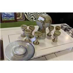 ORNATE POTTERYHOT WINE DISPENSER AND GLASSES AND CHIP AND DIP PLATTER