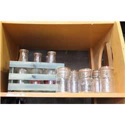 WOOD CRATE OF VINTAGE MILK BOTTLES AND LOT OF VINTAGE GLASS CANNING JARS WITH LIDS