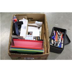 BOX OF OFFICE SUPPLIES NOTEPADS AND BOX OF PENS