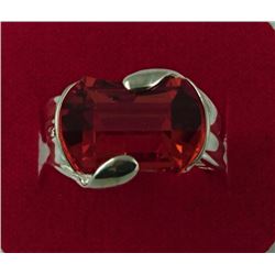 STERLING SILVER RING WITH LARGE RECTANGULAR RED/ORANGE STONE