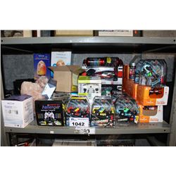 SHELF LOT OF TOYS, SALT ROCK LIGHT AND MISC ELECTRONICS