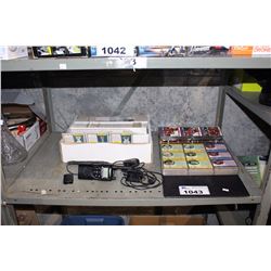 SHELF LOT INCLUDING BOOK FULL OF HOCKEY CARDS AND MOTOROLA RADIO