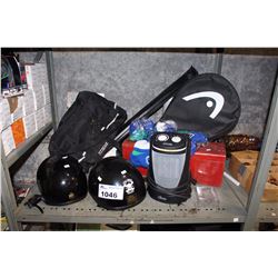 SHELF LOT OF MISC SPORTS EQUIPMENT