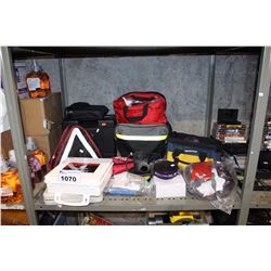 SHELF LOT OF MISC TOOLS, RESPIRATOR AND MORE