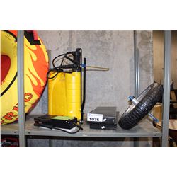 SHELF LOT OF MISC INCLUDING BATTERY TESTER, PAINT SPRAYER AND MORE