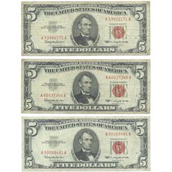 1963 $5 Fine Red Seal Bill Lot of 3